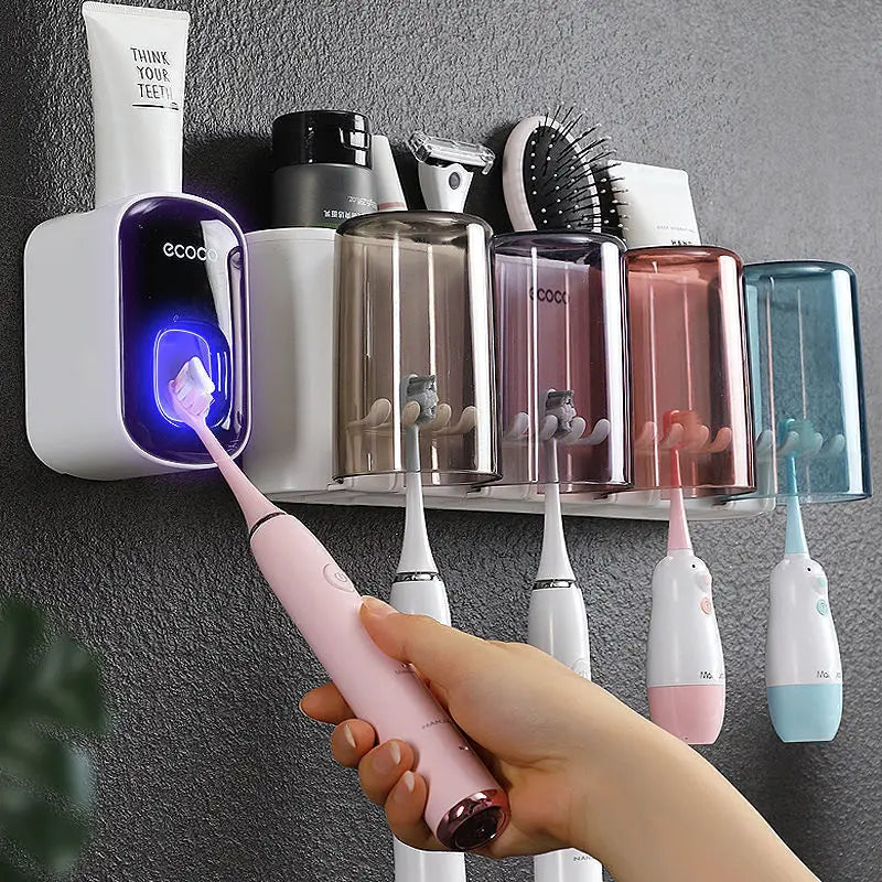 Dispenser Dentifricio con Portaspazzolini e Tazze Magnetiche – Organizer da Parete per Bagno