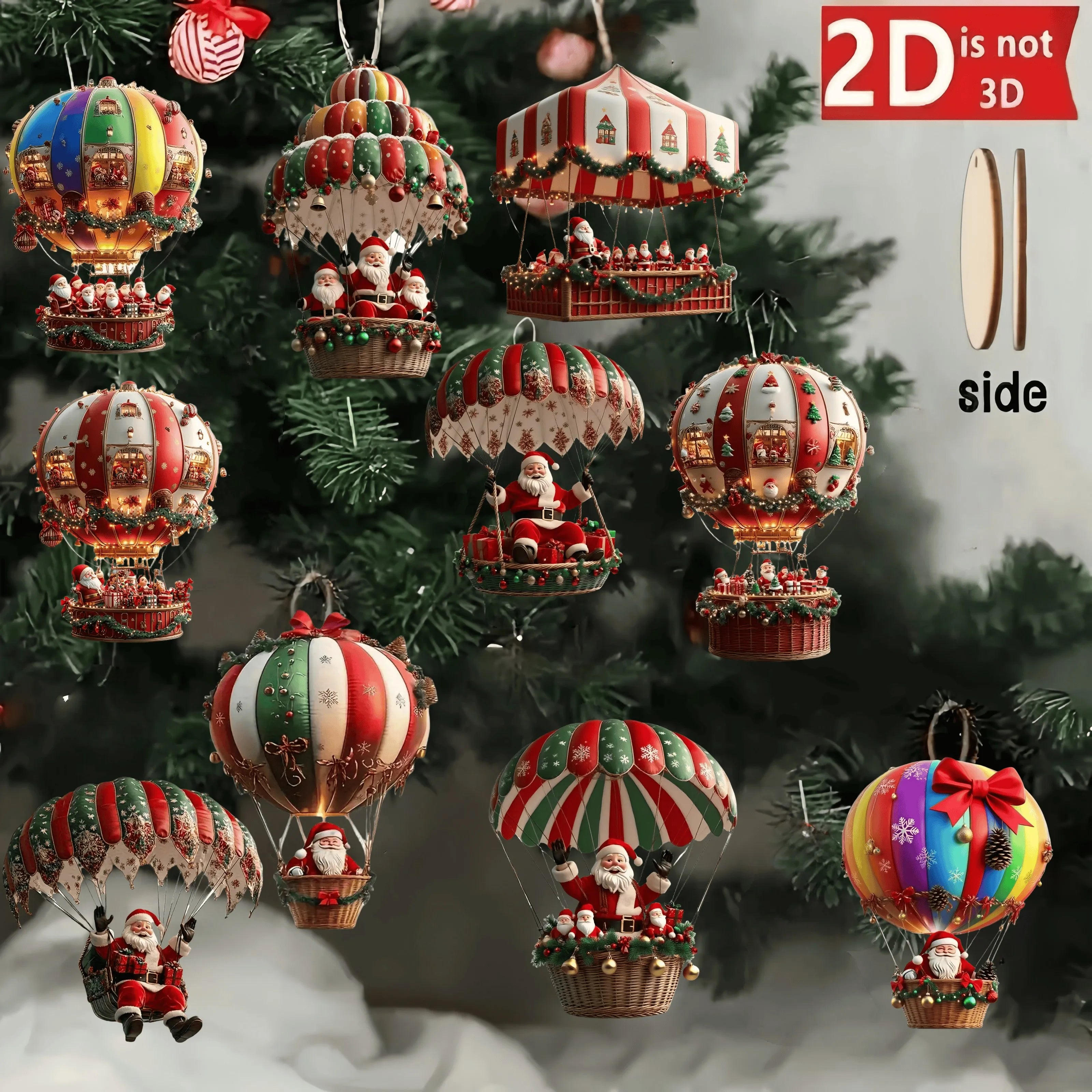 Set 10 Ornamenti Natalizi in Legno – Mongolfiera con Babbo Natale 2D