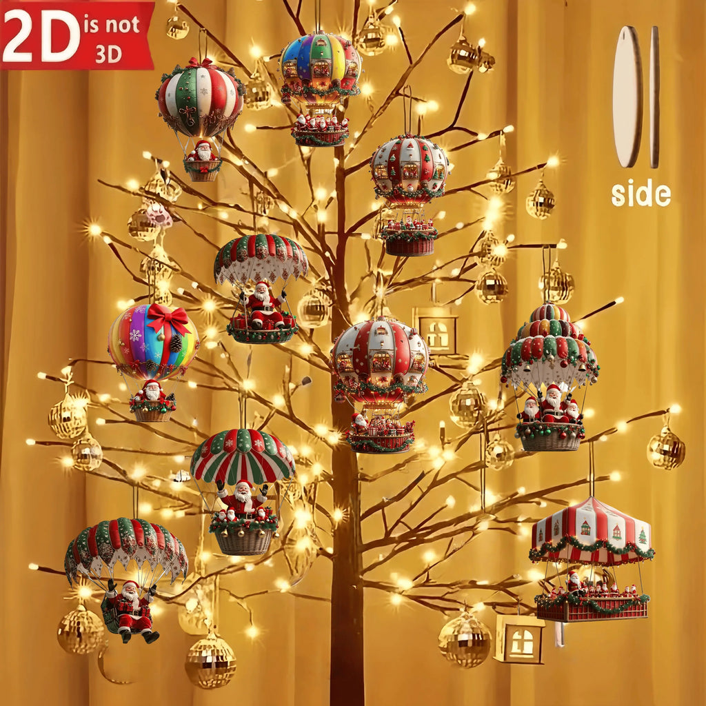 Set 10 Ornamenti Natalizi in Legno – Mongolfiera con Babbo Natale 2D