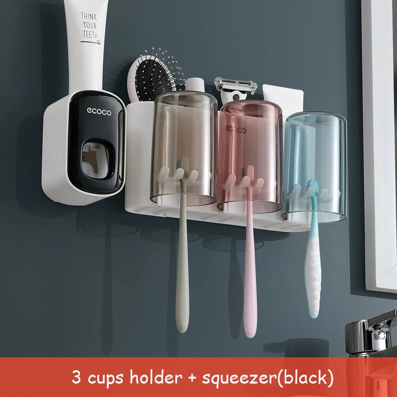 Dispenser Dentifricio con Portaspazzolini e Tazze Magnetiche – Organizer da Parete per Bagno