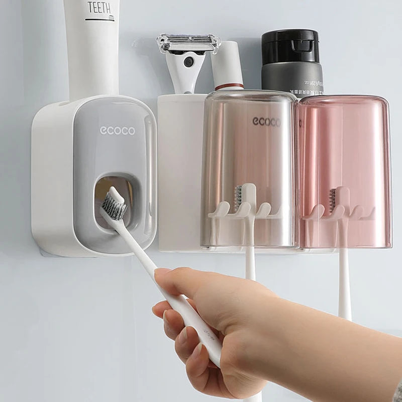 Dispenser Dentifricio con Portaspazzolini e Tazze Magnetiche – Organizer da Parete per Bagno