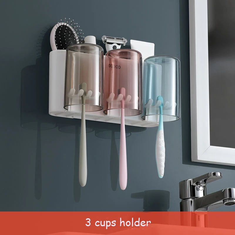 Dispenser Dentifricio con Portaspazzolini e Tazze Magnetiche – Organizer da Parete per Bagno
