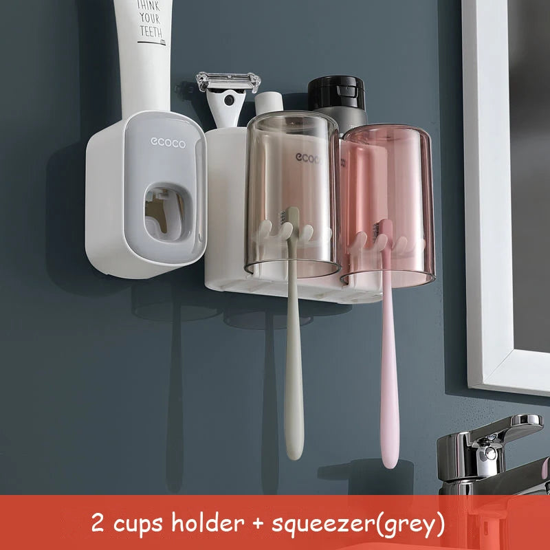 Dispenser Dentifricio con Portaspazzolini e Tazze Magnetiche – Organizer da Parete per Bagno