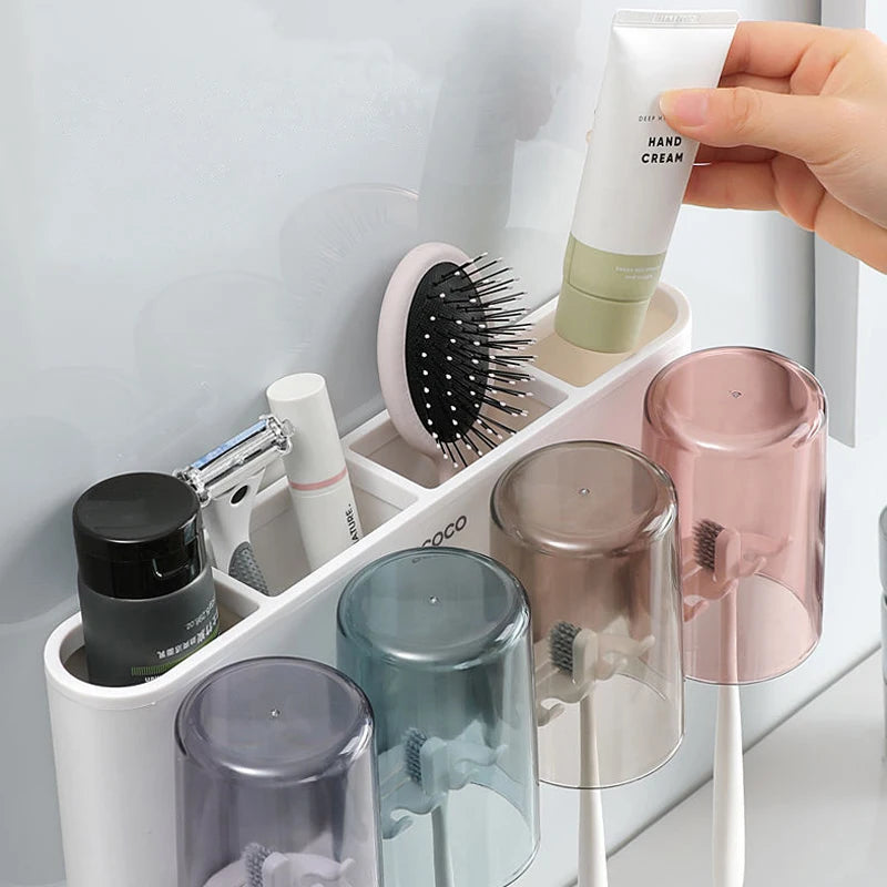 Dispenser Dentifricio con Portaspazzolini e Tazze Magnetiche – Organizer da Parete per Bagno