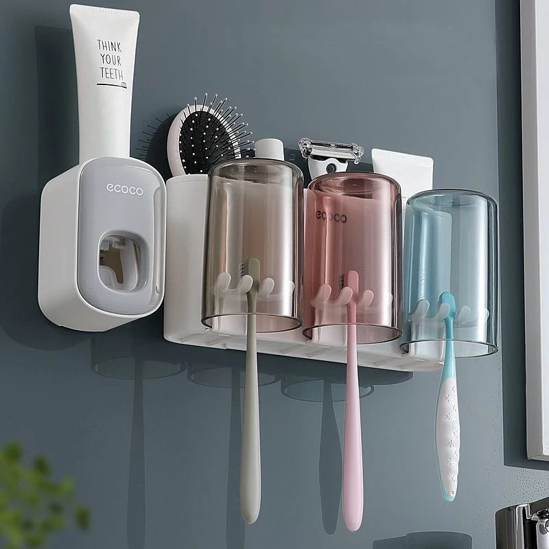 Dispenser Dentifricio con Portaspazzolini e Tazze Magnetiche – Organizer da Parete per Bagno