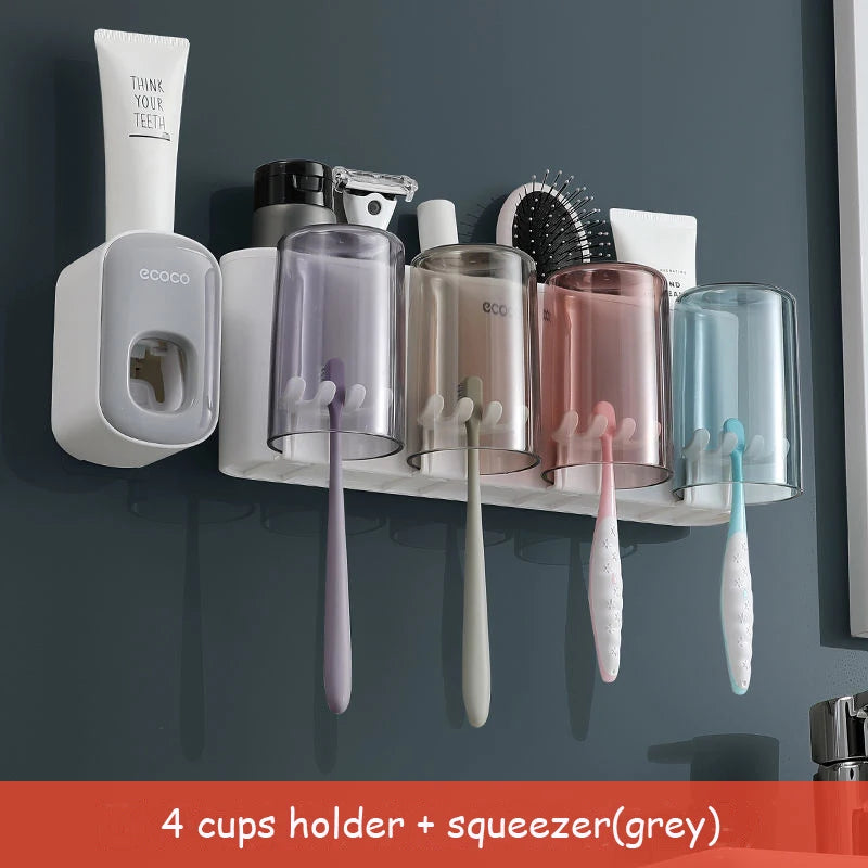 Dispenser Dentifricio con Portaspazzolini e Tazze Magnetiche – Organizer da Parete per Bagno