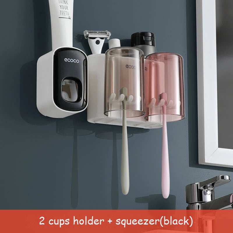 Dispenser Dentifricio con Portaspazzolini e Tazze Magnetiche – Organizer da Parete per Bagno