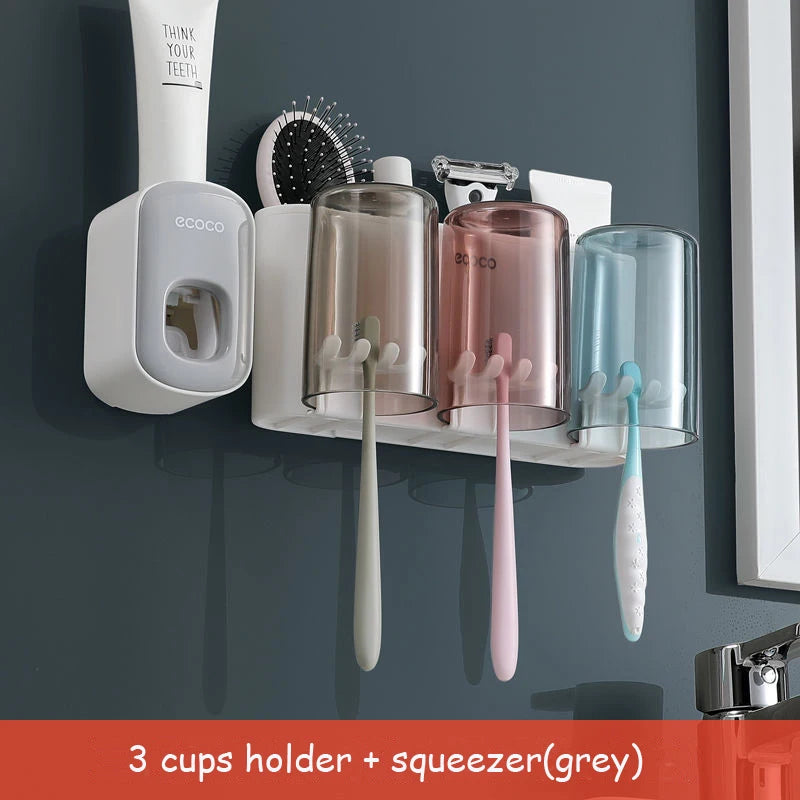 Dispenser Dentifricio con Portaspazzolini e Tazze Magnetiche – Organizer da Parete per Bagno